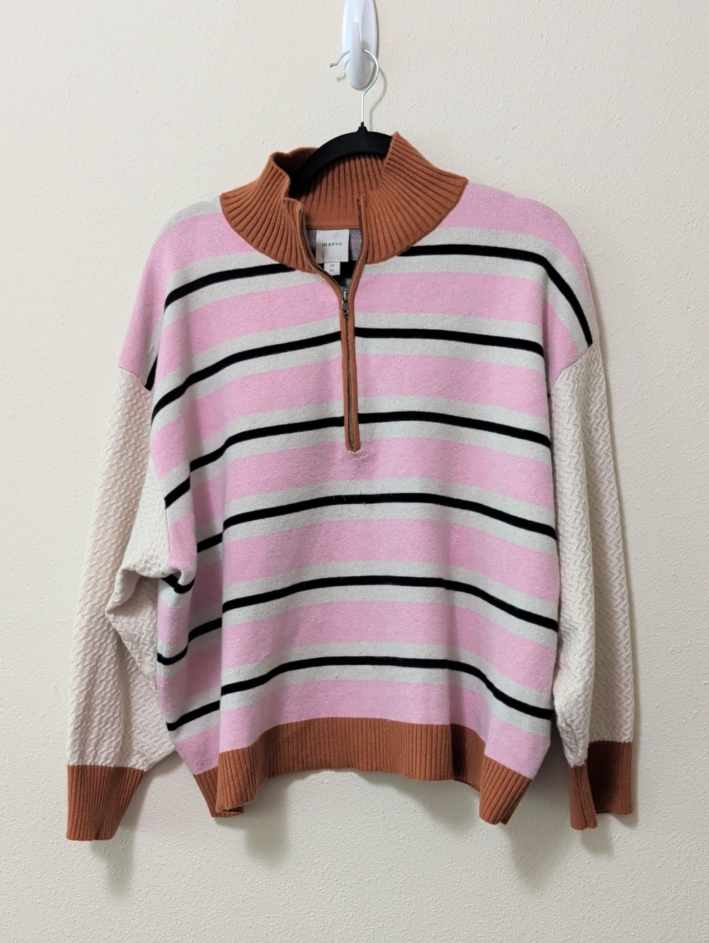 Anthropologie Pink Striped Half-Zip Sweater with Tan Collar